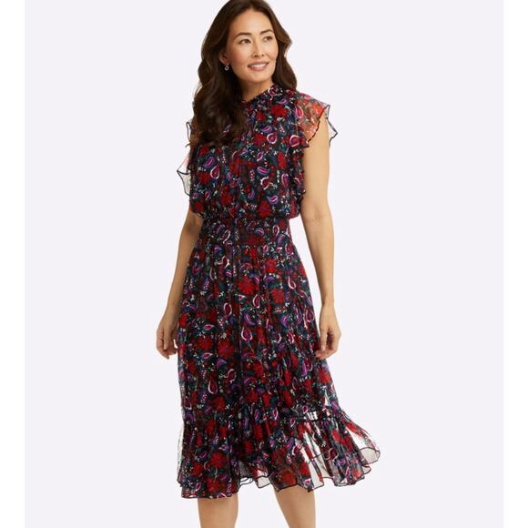Draper James Kacey Dress Smocked Waist Faux Wrap Ruffle Flutter Floral Midi - Picture 3 of 13
